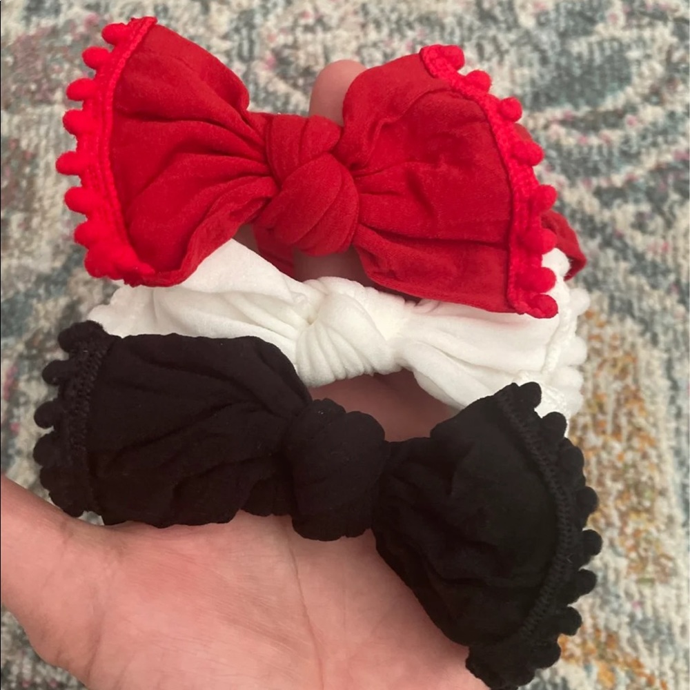 Set of three baby bling bows red white and black